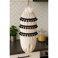 Siyah Ponponlu Doğal Keten Poşetlik Organizer, Şık ve Kullanışlı Saklama Çözümü