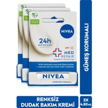 Nıvea Renksiz Dudak Bakım Kremi Med Repair 4.8gr, 24 Saat Nem, Güneş Koruyucu, SPF15, X3 Adet