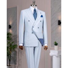 Italyan Stil Kruvaze Ceket Pantolon Takım Elbise Mavi T14094