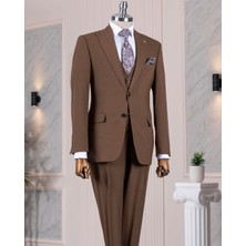 Italyan Stil Slim Fit Ceket Yelek Pantolon Takım Elbise Kahverengi T14581