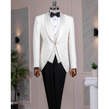 Italyan Stil Slim Fit Şal Yaka Ceket Yelek Pantolon Damatlık Set Beyaz T13695
