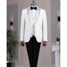 İtalyan stil slim fit taşlı ceket yelek pantolon damatlık set beyaz T14531