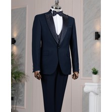 İtalyan stil slim fit taşlı ceket yelek pantolon damatlık set lacivert T14530