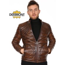 Deri Work Hakiki Deri Taba Erkek Deri Mont Düz Çizgi Desenli Fermuarlı Deri Ceket