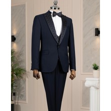 İtalyan stil slim fit taşlı ceket yelek pantolon damatlık set lacivert T14533