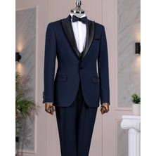 Italyan Stil Şal Yaka Ceket Yelek Pantolon Damatlık Set Lacivert T14272