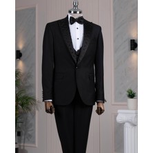 İtalyan stil slim fit taşlı ceket yelek pantolon damatlık set siyah T14532
