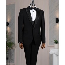 İtalyan stil slim fit taşlı ceket yelek pantolon damatlık set siyah T14529