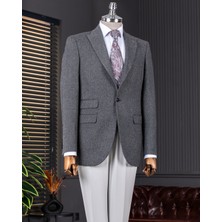 Italyan Stil Slim Fit Balıksırtı Desen Erkek Ceket Antrasit T13052