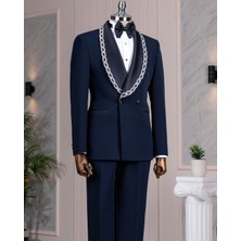Italyan Stil Slim Fit Şal Yaka Taşlı Ceket Pantolon Damatlık Set Lacivert T14549