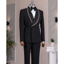 Italyan Stil Slim Fit Şal Yaka Taşlı Ceket Pantolon Damatlık Set Siyah T14548