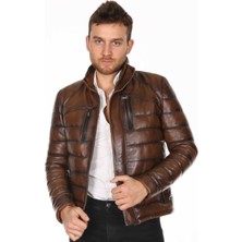 Hakiki Deri Taba Erkek Deri Mont Düz Çizgi Desenli Fermuarlı Şişme Deri Ceket