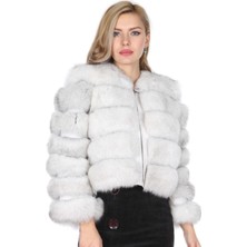 Hakiki Deri Tilkili Fermuarlı Beyaz Kürklü Kadın Deri Mont