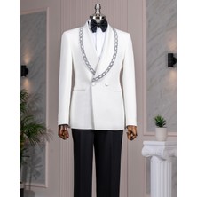 Italyan Stil Slim Fit Şal Yaka Taşlı Ceket Pantolon Damatlık Set Beyaz T14550