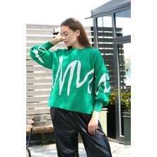 Beyaz Çizgili Bisiklet Yaka Kazak Yeşil