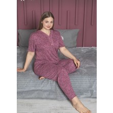 Temporium Kadın Büyük Beden Desenli Yakası Dantelli Düğmeli Kısa Kollu Bambu Pijama Takımı