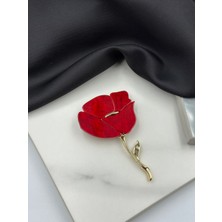 Kırmızı Mineli Gelincik Çiçeği Figürlü Broş Yaka Iğnesi