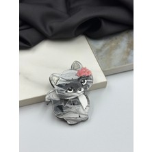 Kedi Şeklinde Gri Mineli Çiçekli Tasarım Broş Yaka Iğnesi