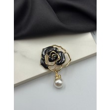 Siyah Mineli Gül Sallantılı Inci Detaylı Broş Yaka Iğnesi