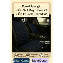 Skoda Rapid 2012 ve Sonrası Uyumlu Kumaş Oto Koltuk Minderi Ergonomik Kapitone 2'li Siyah Mavi