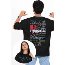 Unisex Tüm Albümler Sırt Baskılı Tişört, Oversize Taylor Swift Temalı Bisiklet Yaka T-Shirt