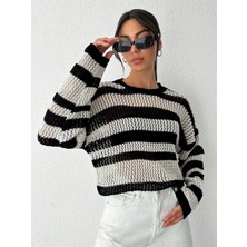 Çizgili Bisiklet Yaka Triko Kazak Beyazsiyah