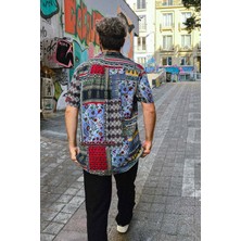 Bohem Tarz Kısa Kollu Desenli Gömlek Mavi