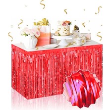 Eğitici Çocuk Kendinden Yapışkanlı Kırmızı Metalize Püsküllü Masa Eteği – 75 x 275 cm Parti Süslemesi