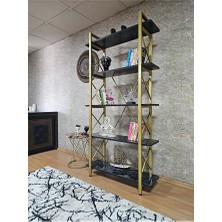 Çıkıntılı Gold Boyalı Kitaplık - 5 Raflı Suntalem Lüks Kitaplık Siyah Mermer