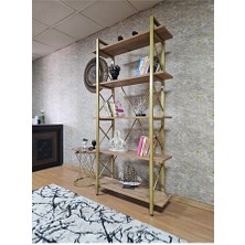 Çıkıntılı Gold Boyalı Kitaplık - 5 Raflı Suntalem Lüks Kitaplık Atlas Çam