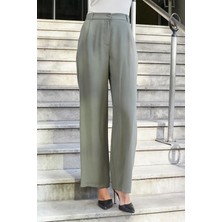 Kadın Ipeksi Modal Yüksek Bel Yan Cepli Pileli Arkası Lastikli Bol Paça Palazzo Pantolon-Haki