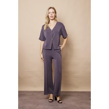 Kadın 1.sınıf Kaliteli Modal Esnek Kumaş Yüksek Bel Önden Dikişli Yan Cepli Bol Paça Palazzo Pantolon-Antrasit