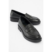 Luvi Pline Siyah Cilt Hakiki Deri Kadın Loafer Ayakkabı