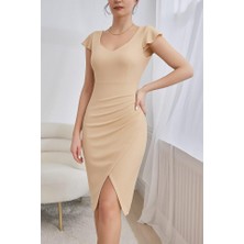 Kadın Kısa Kollu Kalp Yaka Yanlardan Büzgü Detay Midi Ithal Krep Elbise