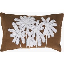 Kahverengi Keten Çoklu Palmiye Nakışlı Dikdörtgen Kırlent