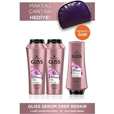 Serum Deep Repair Şampuan 500 ml x 2 Adet Saç Kremi 360 ml Mor Makyaj Çantası