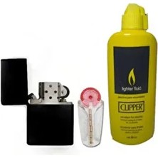 İndirim Center Zippo Siyah Benzinli Çakmak Clipper Rüzgar Geçirmez 80 ml Yakıt ve Taşı Süper Set