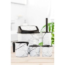 Okacih Banyo Seti Beyaz Mermer Desen 5 Parça Plastik Çöp Kovası Tuvalet Fırçası Sabunluk Diş Fırçalık