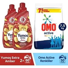 Yumuşatıcısı Amber 1440ML 2ADET Omo Active Fresh Toz Çamaşır Deterjanı Renkliler 7.5kg 1 Adet
