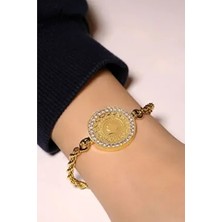 Halat Çeyrekli Bileklik Zirkon Taşlı 8 Ayar Altın Unisex Kullanıma Uygun 19 cm