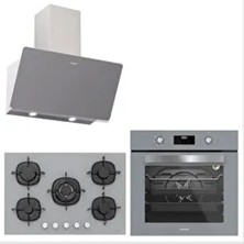 Silverline Soho 80 cm Gri Ankastre Set Gazlı Ocak ve Eğimli Davlumbaz ile 6 Fırın Programı