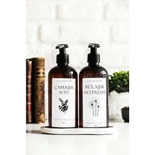 Beyaz Stantli Çiçekli Çamaşır Suyu ve Bulaşık Deterjanı Etiketli Plastik Şişe 500 ml