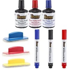 Beyaz Tahta Yazı Seti - Mürekkep + Kalem + Silgi Çok Renkli 3 Parça Brons Markalı