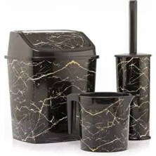 Okacih Siyah Mermer Desenli Banyo Seti 3'lü Set Kokusuz Plastik Çöp Kovası Tuvalet Fırçası Maşrapa