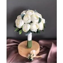 Yeni Sezon Kırık Beyaz Şakayık Gelin Buketi- Gelin Çiçeği-Damat Yaka Çiçeği 2 Li Set