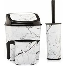 Okacih Banyo Seti Beyaz Mermer Desenli 3'lü Set Kokusuz Plastik Çöp Kovası Tuvalet Fırçası Maşrapa