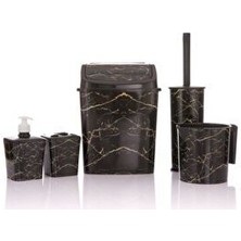 Okacih Banyo Seti 5'li Siyah Mermer Desenli Plastik Çöp Kovası Tuvalet Fırçası Sabunluk Fırçalık Modern Stil