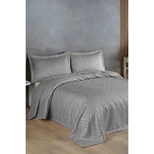 Bir Home Estila Jakarlı Şönil Çift Kişilik Yatak Örtüsü Gri Geometrik Desenli Solmaya Dayanıklı