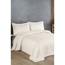 Bir Home Estila Jakarlı Şönil Çift Kişilik Yatak Örtüsü Krem Geometrik Desenli Solmaya Dayanıklı