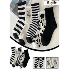 Esinti 5 Çift Unisex Uzun Soket Çorap Seti Siyah Beyaz Inek Desenli %80 Pamuk Esnek Dokuma